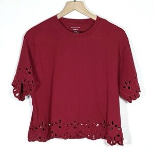 American Eagle Womens Boxy Eyelet Top Size M Red Scalloped Hem Cotton Dainty